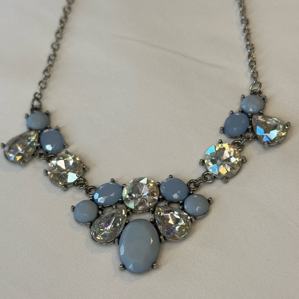 Blue Gemstone Silver Necklace with Sparkling Crystals - Picture 3 of 5